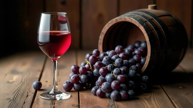 A glass of red wine beside a barrel spilling fresh grapes on rustic wooden surface.