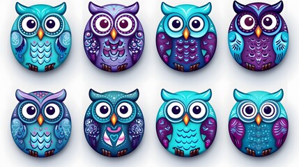 Premium Set of Nine Dark Turquoise Blue Oval Owls Icons for Graphic Design Projects