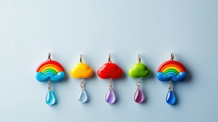 Colorful rainbow and cloud charms with raindrops