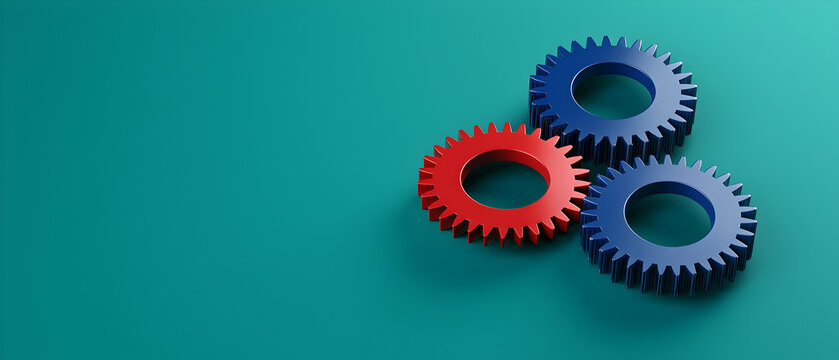 Interlocking Red And Blue Gears On Teal Background - Powered by Adobe