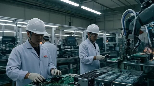 Workers and robotic arm assembling electronic components in a modern factory setting