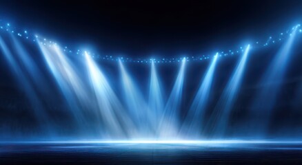 Empty stage illuminated by bright spotlights.