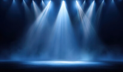 Empty stage illuminated by focused spotlights.