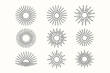 Hand drawn sunburst vector icons set. Minimal sun symbols, line art sunrise and sunshine designs