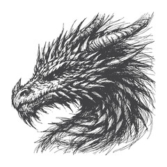 Obraz premium Hand-Drawn Dragon Head Side View Vector – Sketch Style Mythical Creature Illustration for T-Shirts, Stickers, and Posters.