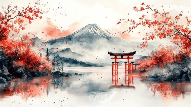 Japanese landscape with Mount Fuji, cherry blossoms, and torii gate.  Watercolor style