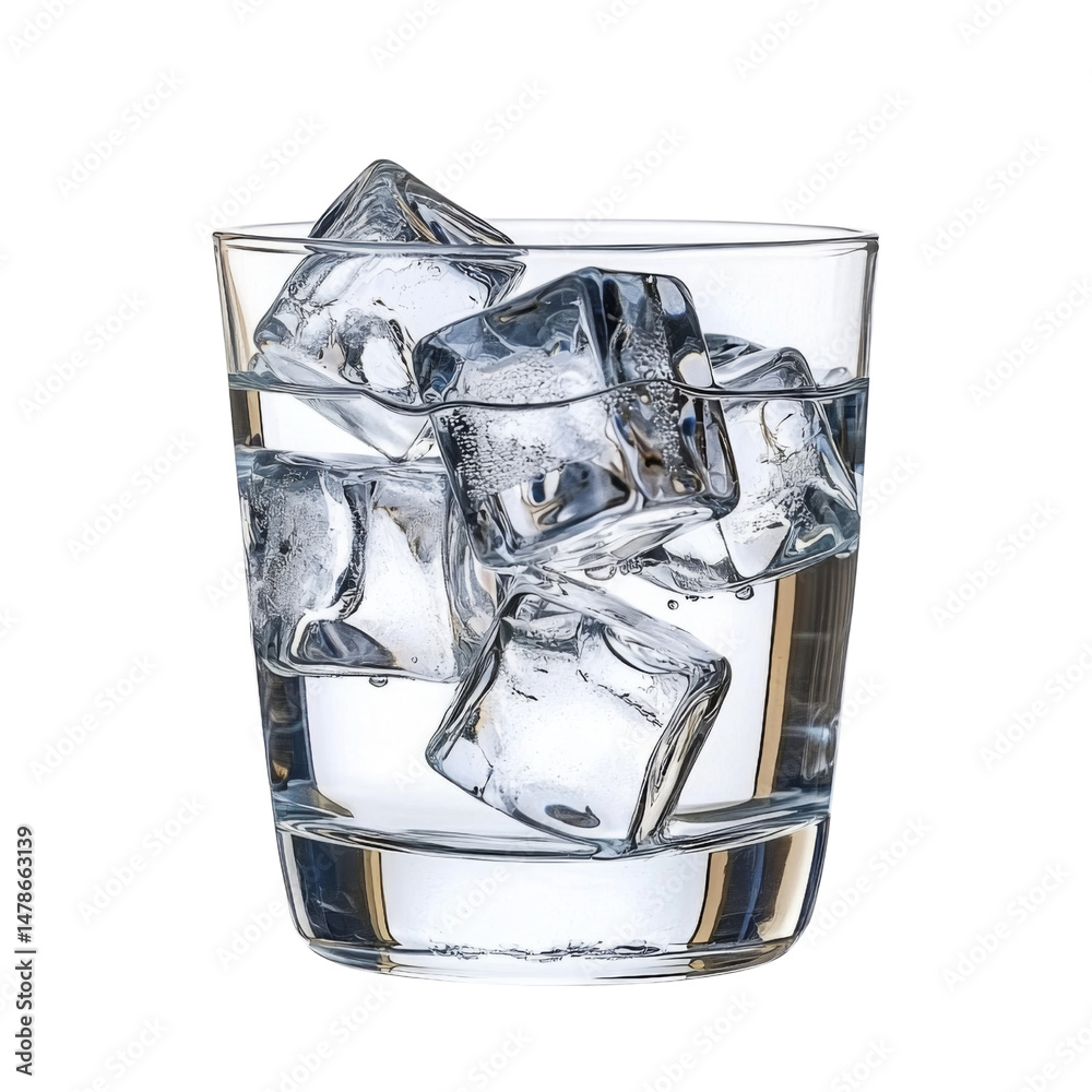 Poster clear glass filled with water and ice cubes, showcasing refreshing hydration. ice cubes create cool 