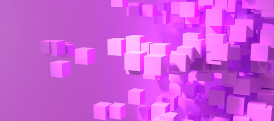 Abstract composition of numerous purple and magenta cubes appearing to float and cluster against a lighter purple background, creating a sense of depth and movement
