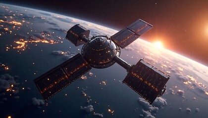 Obraz premium Futuristic Satellite Orbiting Earth at Sunrise 