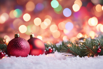 Fototapeta premium Christmas ornament baubles on snow with pine branch and festive bokeh lights create warm holiday celebration scene.