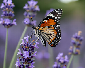 Obraz premium Striking African Monarch Butterfly on Lavender Flowers in a Garden