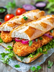 Crispy chicken sandwich close-up on rustic wood table, overhead shot, food photography, featuring baguette, lettuce, tomato and red onion