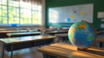 Globe in Focus with American Classroom Background, Desks, Whiteboard, and Smart Screen Blurred, Education Concept, Global Learning
