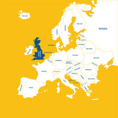 United Kingdom vector map, Europe, vector map silhouette illustration isolated on Europe map. Editable blank vector map of Europe. 