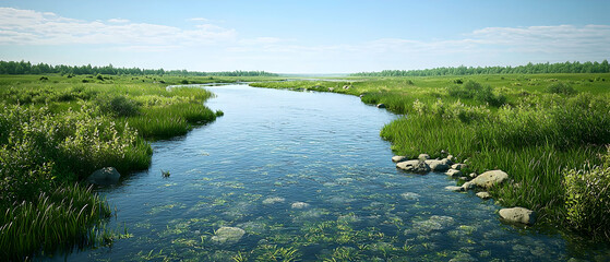 Tranquil River Through Lush Meadow