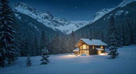 Snowy mountain cabin at night