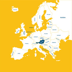 Obraz premium Austria vector map, Europe, vector map silhouette illustration isolated on Europe map. Editable blank vector map of Europe. 