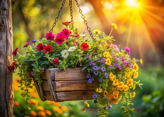 Rustic Hanging Flower Basket, Summer Bloom, Vintage Garden Decor, Cottagecore Aesthetic