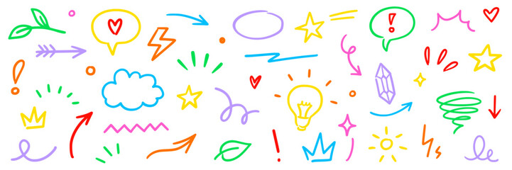 Line marker hand color brush icon set. Arrow sketch stroke underline pencil shape colorful highlight for text or design. Hand drawn star crown heart with playful doodle style. Vector illustration.