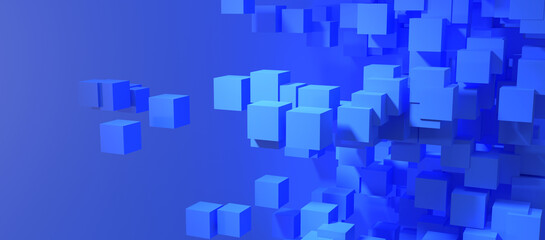 Abstract composition of numerous blue cubes appearing to float and cluster against a lighter blue background, creating a sense of depth and digital movement