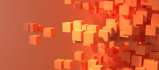 Abstract composition of numerous warm orange and reddish cubes appearing to float and cluster against a harmonious warm-toned background, creating a sense of depth and dynamic movement