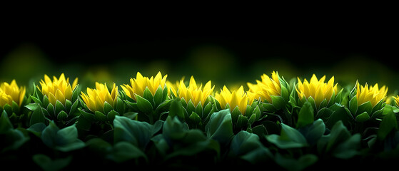 Closeup Of Bright Yellow Sunflowers In Dark Background