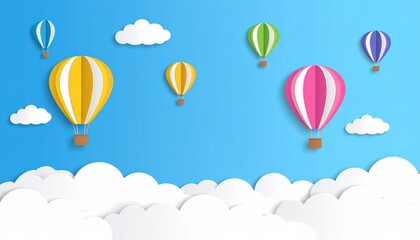 Set of colorful balloons flying in the sky with an abstract background and clouds
