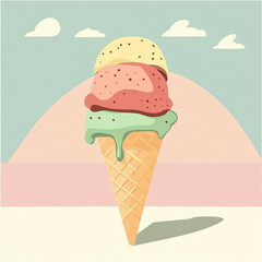 A melting triple-scoop ice cream cone under the hot sun, with pastel backgrounds