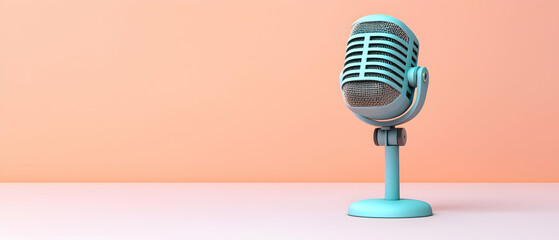 Pastel Blue Vintage Microphone On Coral Background