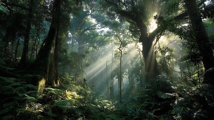 Fototapeta premium Sunbeams filter through dense green forest