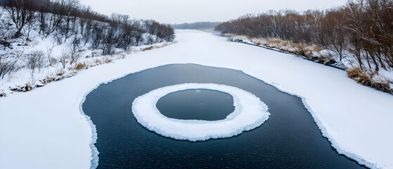 Frozen River With Circle Of Open Water