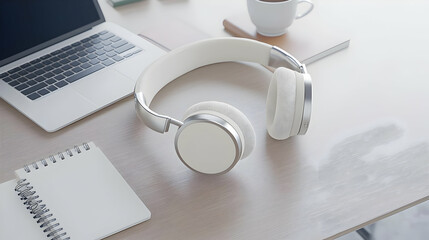 White Headphones On Light Wooden Desk With Laptop And Other Office Supplies