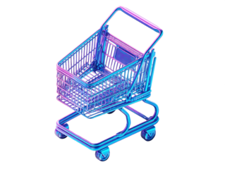 3D Render of a Purple and Blue Shopping Cart on Transparent Background, PNG