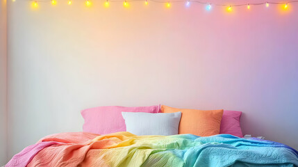 Colorful Pastel Bedding In A Cozy Bedroom With String Lights
