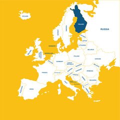 Finland vector map, Europe, vector map silhouette illustration isolated on Europe map. Editable blank vector map of Europe. 