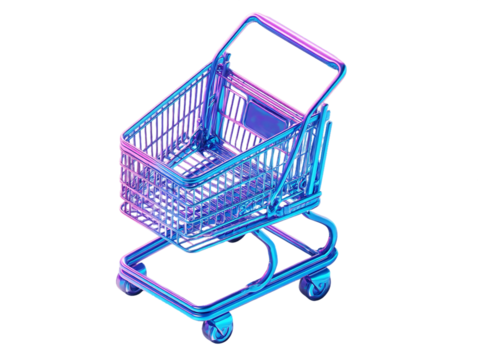 3D Render of a Purple and Blue Shopping Cart on Transparent Background, PNG