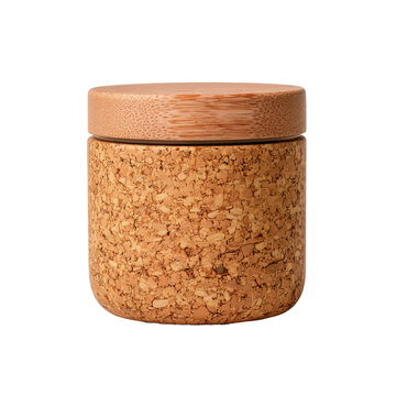 A small cork jar with a wooden lid, showcasing the beauty of natural materials. This jar is perfect for storing small items, providing a stylish and eco-friendly storage solution