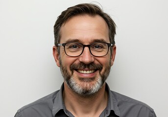 Obraz premium Smiling man with glasses and beard poses against a white background