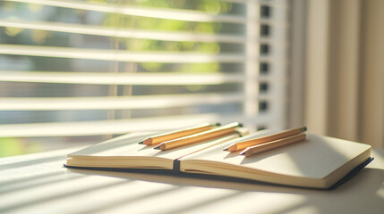 Fototapeta premium Symmetrical pencils aligning on open notebooks bright room still life natural light close-up creative workspace