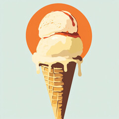 A melting triple-scoop ice cream cone under the hot sun, with pastel backgrounds