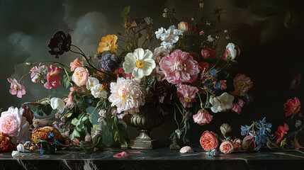 Opulent Baroque interiors with gilded four-poster beds, floral drapes, ornate furniture, and classical detailing, capturing a romantic old-world charm fit for an English noble manor