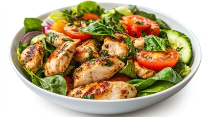 Grilled chicken meat and fresh vegetable salad of tomato, avocado, lettuce and spinach. Healthy and detox food concept.