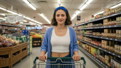 Young woman pushing a shopping cart in a supermarket aisle, a concept for grocery shopping advertising and retail marketing campaigns