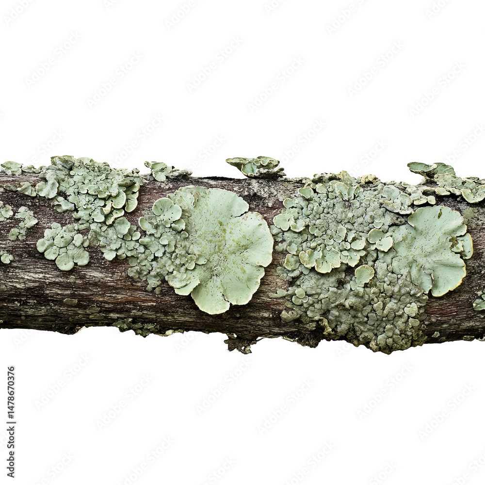 Poster macro shot of a branch covered with green lichen, showcasing natural textures and patterns. the bran