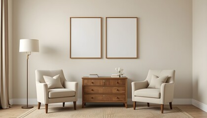 Cozy beige living room showcases armchairs and a wooden drawer set beneath empty gallery frames.