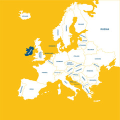 Obraz premium Irland vector map, Europe, vector map silhouette illustration isolated on Europe map. Editable blank vector map of Europe. 
