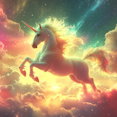 Obraz premium Holographic fantasy rainbow unicorn background with clouds and stars. Pastel color sky. Magical landscape, abstract fabulous pattern. Cute candy wallpaper.