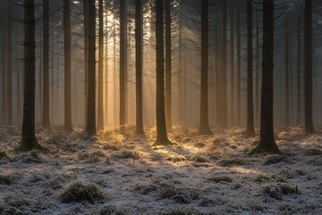 Obraz premium Sunlight streams through a frosty forest