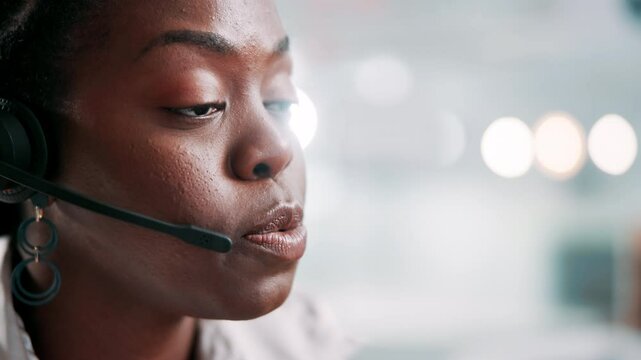 Call center, talk and face of black woman at help desk for customer service or multilingual support agent. Consultant, speaking or assistance with headset for crm, language translation or bokeh