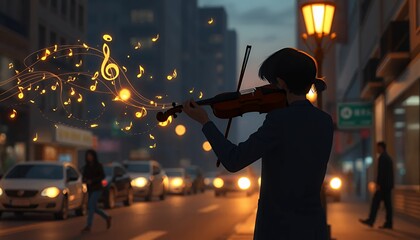 Fototapeta premium Silhouette of Violinist Playing Music on City Street at Twilight with Animated Notes